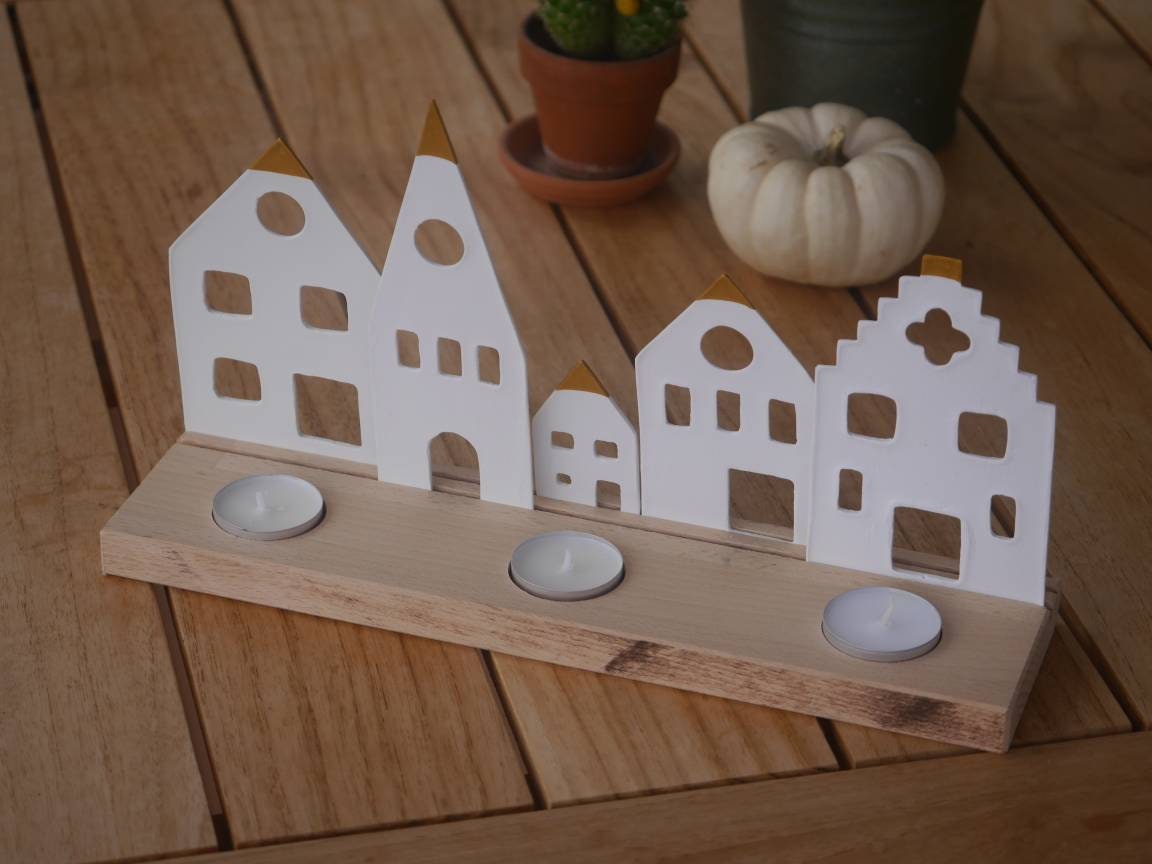 Lichterdorf, Lichterstadt, Lichthäuser, Fensterdeko, Kerzenhalter, Teelichthalter, Lichtleiste