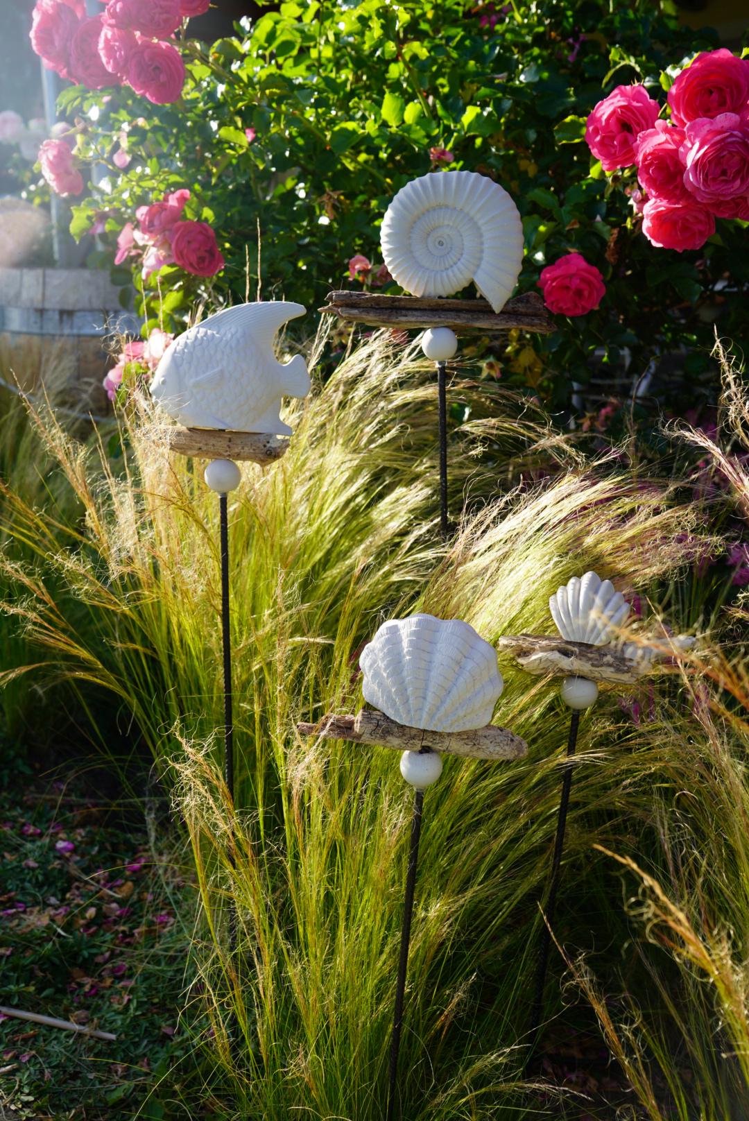 Gartenstecker maritim, Sommerdeko für den Garten, Beton Stecker, Gartendeko, Baustahl, Muschel, Fisch, Dekoration, 100016